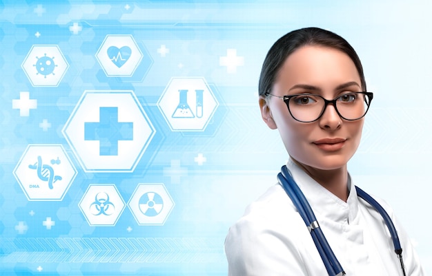 Doctora sobre fondo futurista azul y blanco con símbolos de medicina