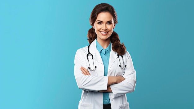 Una doctora sonriente de pie con las manos cruzadas sobre un fondo volador