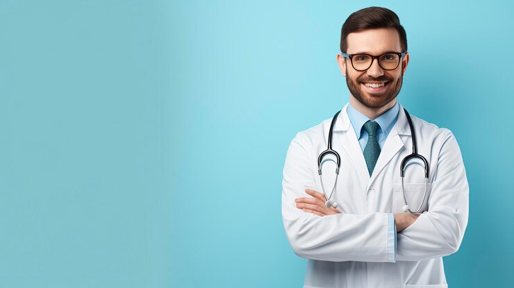 Foto una doctora sonriente de pie con las manos cruzadas sobre un fondo volador