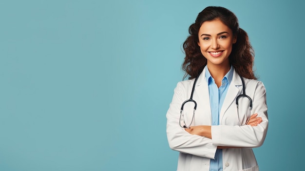 Una doctora sonriente de pie con las manos cruzadas sobre un fondo volador