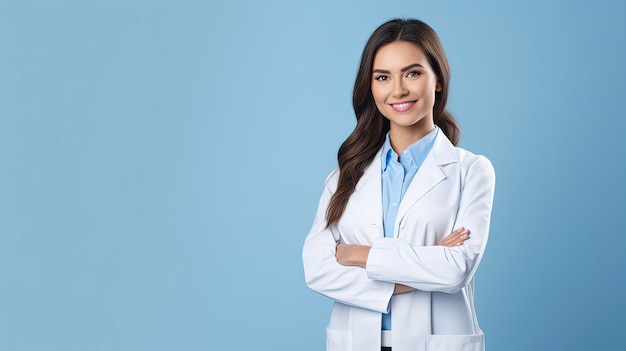 Una doctora sonriente de pie con las manos cruzadas sobre un fondo volador