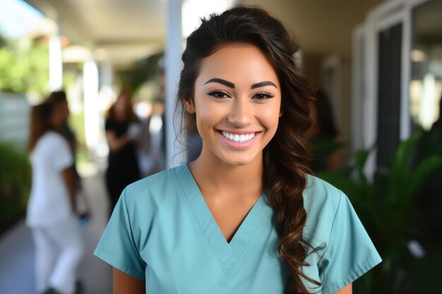 Una doctora sonriente en uniforme verde en un pueblo remoto