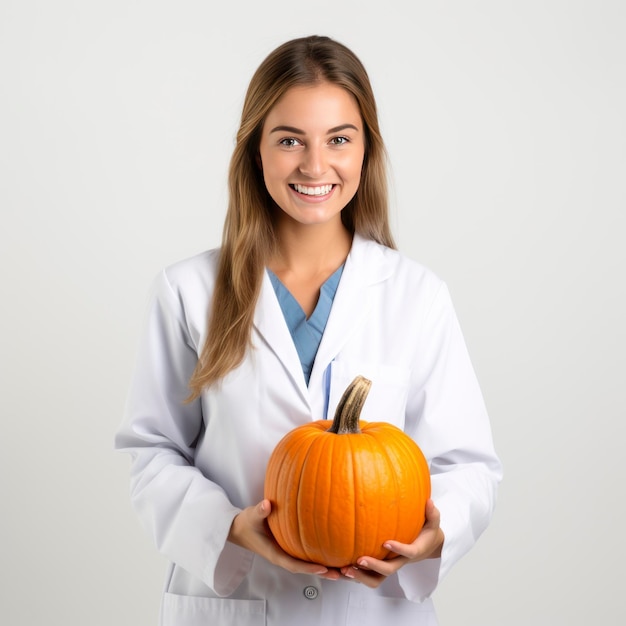 Foto doctora sosteniendo calabaza en sus manos fondo blanco