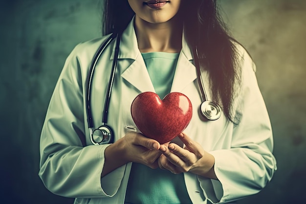 Doctora sosteniendo un corazón rojo en sus manos