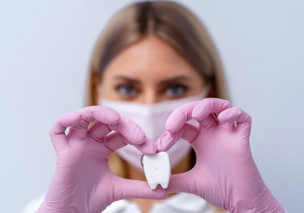 Doctora sosteniendo un diente artificial en las manos mostrando forma de corazón. Primer plano de la mano del médico. Ayuda médica. Salud, protección y prevención.