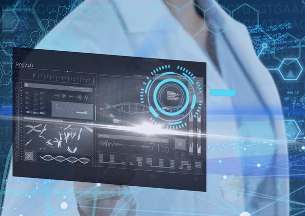 Doctora tocando la pantalla con procesamiento de datos científicos y hebra de adn. concepto de ciencia y tecnología de medicina global imagen generada digitalmente.