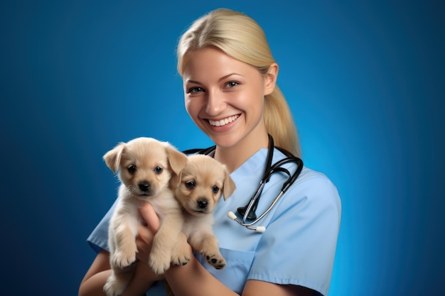 Doctora veterinaria en traje médico sosteniendo dos cachorros felices en sus brazos