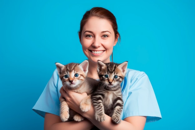 Doctora veterinaria en traje médico sosteniendo dos gatitos felices en sus brazos