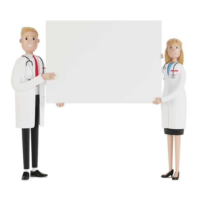 doctores Especialistas médicos hombre y mujer sosteniendo un cartel en blanco. Ilustración 3D en estilo de dibujos animados.