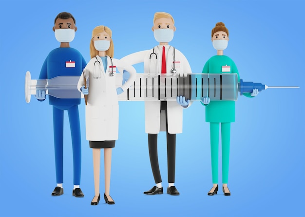 doctores Un grupo de trabajadores médicos sostiene una jeringa. Médico jefe y médicos especialistas. Ilustración 3D en estilo de dibujos animados.
