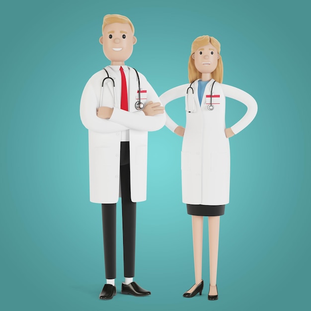 Doctores hombre y mujer ilustración 3D en estilo de dibujos animados