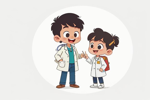 Doctores y niños que explican el contenido de la promoción del conocimiento dibujos animados fondo de papel tapiz de anime