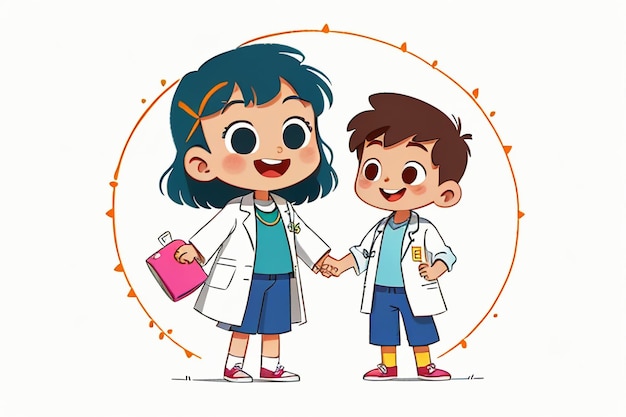 Foto doctores y niños que explican el contenido de la promoción del conocimiento dibujos animados fondo de papel tapiz de anime