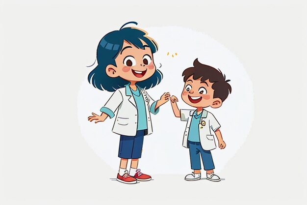 Doctores y niños que explican el contenido de la promoción del conocimiento dibujos animados fondo de papel tapiz de anime