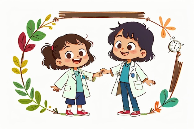 Doctores y niños que explican el contenido de la promoción del conocimiento dibujos animados fondo de papel tapiz de anime