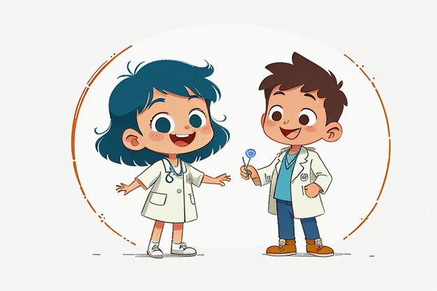 Doctores y niños que explican el contenido de la promoción del conocimiento dibujos animados fondo de papel tapiz de anime