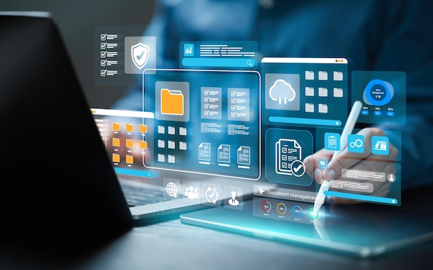 Document management digital file information storage of business Businessman using a computer to online documentation technology database ERP system checklist security file access doc sharing