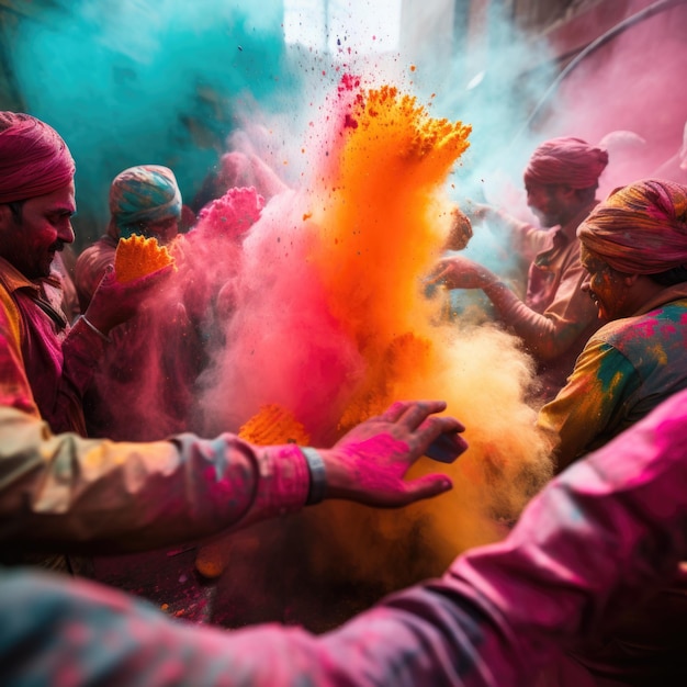 Documenta la vibrante explosión de colores mientras la gente se involucra en la alegre tradición de lanzar polvos de colores durante una celebración de Holi
