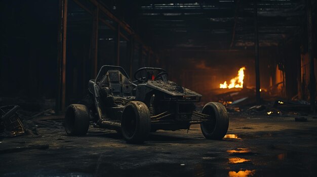 Foto documentación en bruto de un coche de carreras estrellado en un edificio abandonado