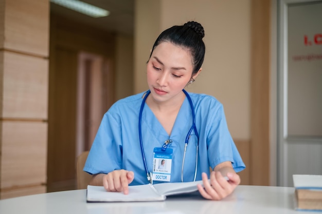 Documento de carpeta de trabajo de enfermera de mujer asiática en el hospital