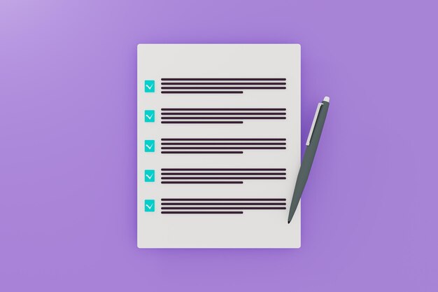 Foto documento de renderizado 3d e icono de papel de lista de verificación.