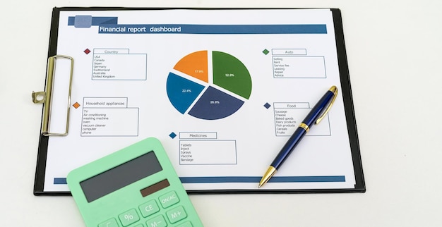 Documento de trabajo comercial con una pluma de calculadora de diagrama en el concepto de contabilidad de escritorio