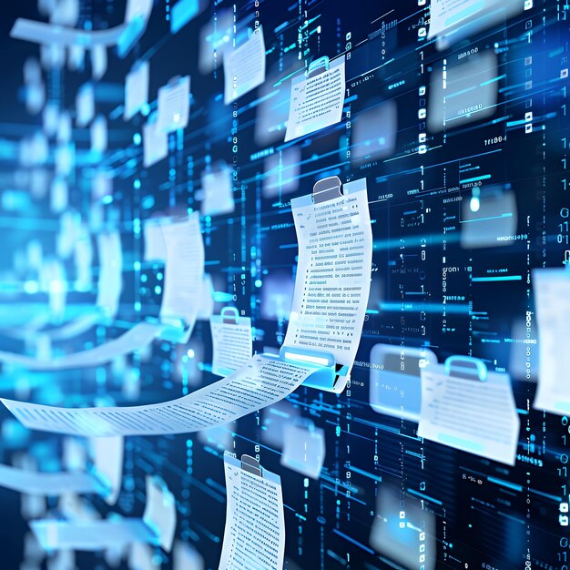 Documentos y carpetas digitales que flotan en el ciberespacio