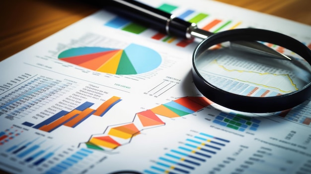 Foto documentos de negócios impressos com gráficos e gráficos coloridos sendo analisados através de uma lupa