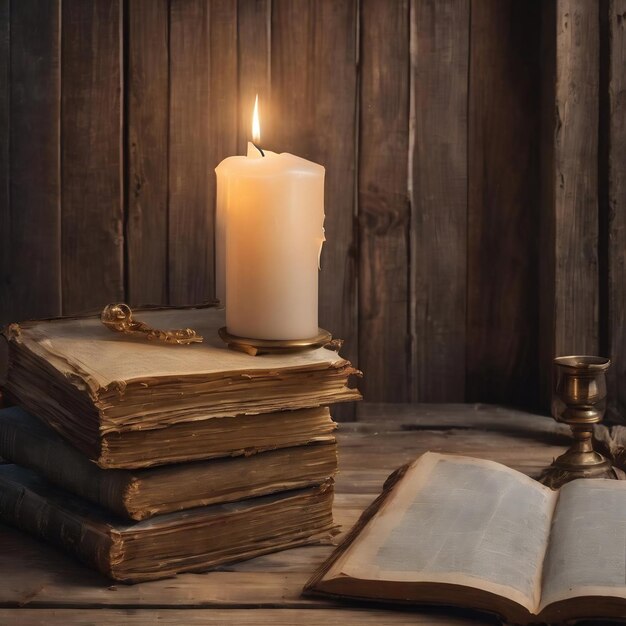 Documentos grandes livros esfarrapados uma vela morrendo em um candelabro em um fundo de madeira velha
