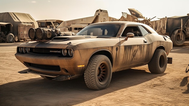 Un Dodge Challenger con un arma grande en el frente.