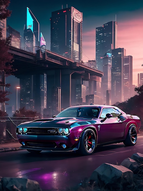 dodge challenger en un paisaje cyberpunk generador de ai