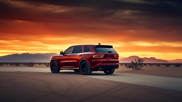 Un dodge durango rojo 2020 conduce por una carretera del desierto.