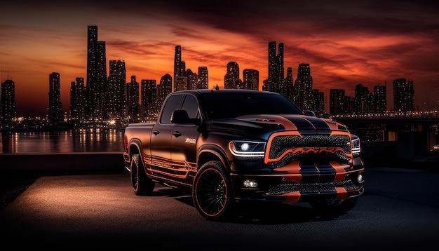 Un dodge ram con el horizonte de la ciudad al fondo