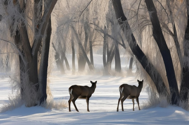 Doe Deer y un entorno nevado.