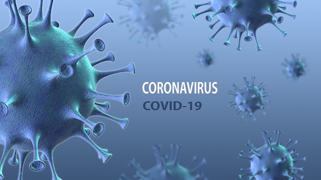 Doença de coronavírus COVID-19 banner médico da web com molécula do vírus SARS-CoV-2 e texto em um fundo. Pandemia mundial 2020. Ilustração 3D horizontal.