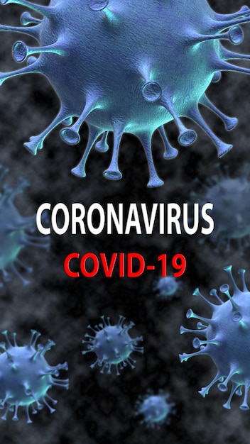 Doença de coronavírus COVID-19 banner médico da web com molécula do vírus SARS-CoV-2 e texto em um fundo. Pandemia mundial 2020. Ilustração 3D vertical.