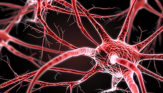 Foto doença do sistema de células neuronais 3d imagem renderizada da rede de células neuronais em fundo preto