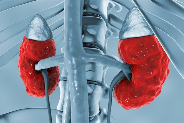 Doença renal crônica Ilustração 3D mostrando rim doente com glândulas supra-renais ureteres vasos sanguíneos e esqueleto