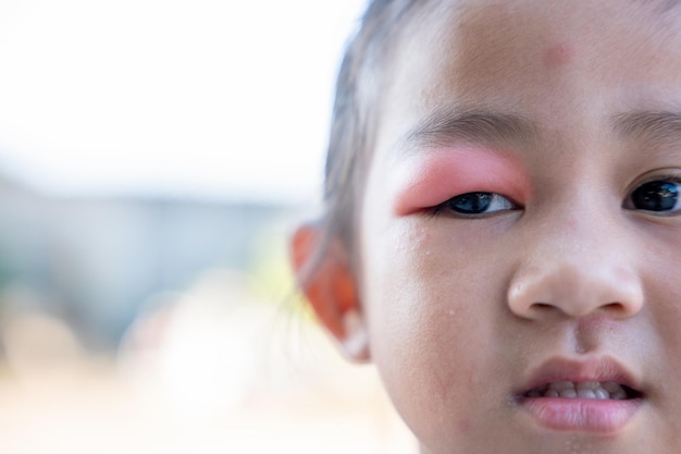 Doenças oculares fechadas Criança asiática olho de menina com abscesso de pálpebra oftalmológico hordeolum