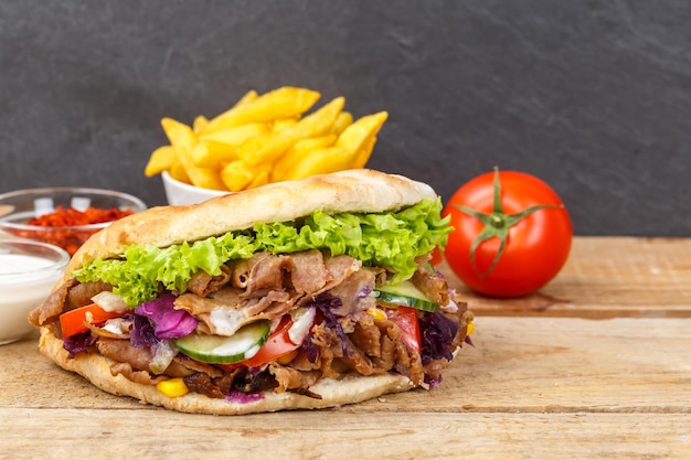 Döner Kebab Döner Kebap Fast-Food-Mahlzeit in Fladenbrot mit Pommes auf einem Holzbrett und Kopierraum