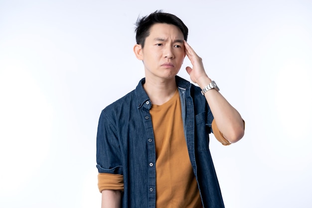 Doentes asiáticos masculinos adultos Dores de cabeça Enxaquecas mão toque na cabeça com conceito de ideias de saúde de fundo branco estressante e de tensão