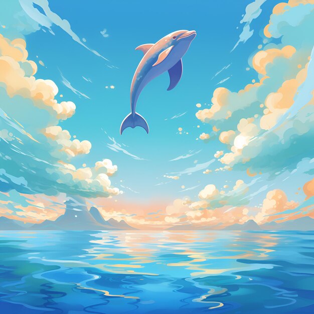 Dofinho, animal marinho, bela paisagem, AI gerada.