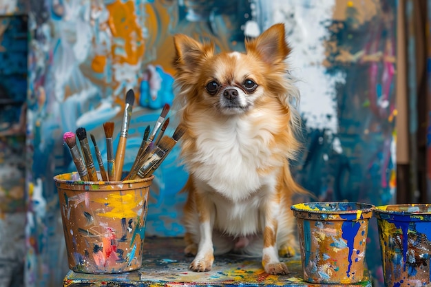 Dog chihuahua ein mit Farben beschmierter Künstler sitzt in der Nähe der Staffel und Pinsel in einer Kunstwerkstatt