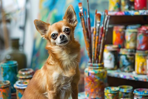 Dog chihuahua um artista manchado com tintas sentado perto do cavaleiro e pincéis em uma oficina de arte