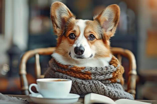 Dog corgi con una taza de café caliente