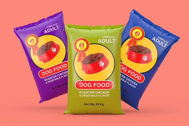 Dog Food Bag Packages Design auf rosa Hintergrund. 3D-Rendering