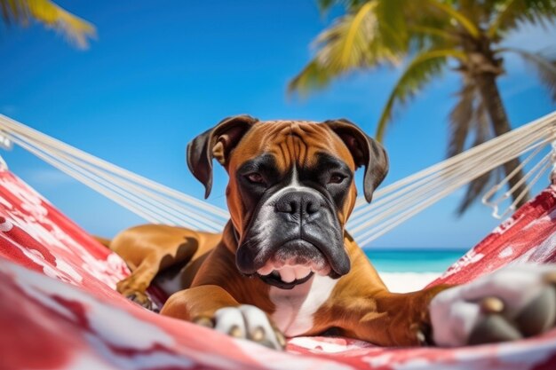 Foto dog laidback boxer relaxando nas férias na praia generative ai