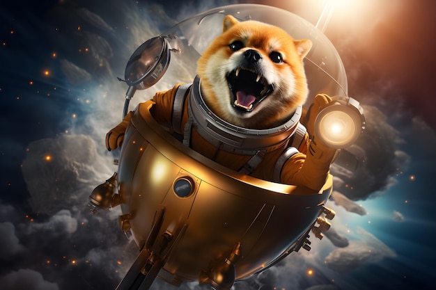 Foto doge brincalhão em foguete em viagem interestelar