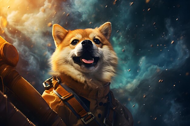 Doge de moeda digital em uma aventura cósmica em um foguete