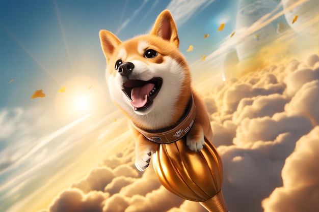 Foto dogecoin doge em um mini foguete voando em direção ao sol